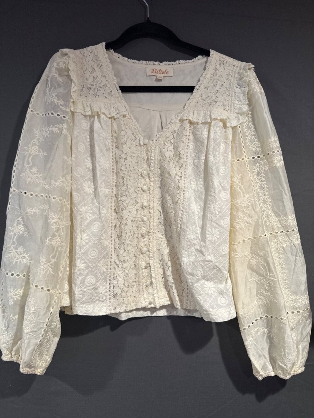 Women M Listicle Tencel Embroidered Lace Blouse Eyelet Crochet Cottagecore Boho